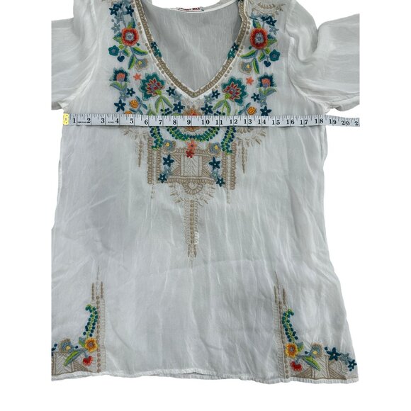 Johnny Was White Embroidered Boho Tunic Top 3/4 Sleeve Sheer Womens Size M - Picture 6 of 7